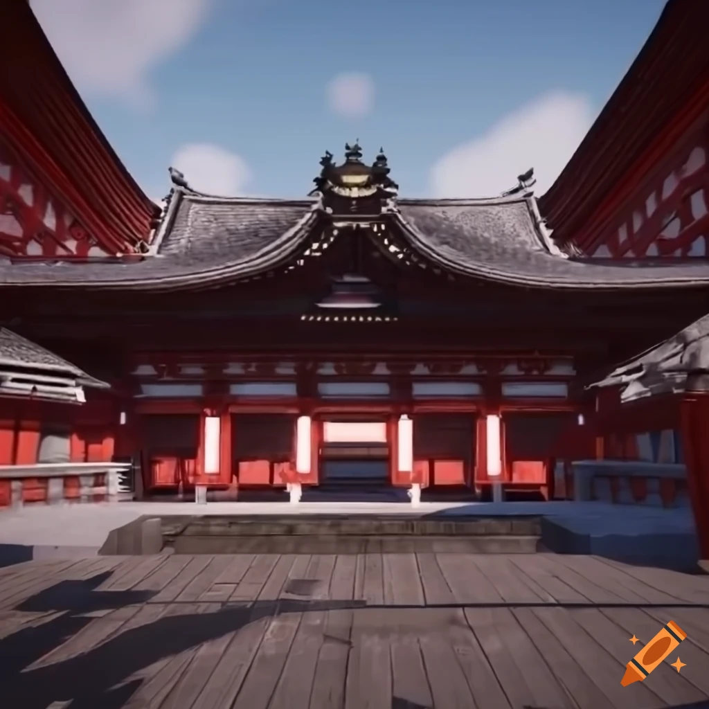 Japanese temple with shinto shrine, sakura trees, and cloudy sky