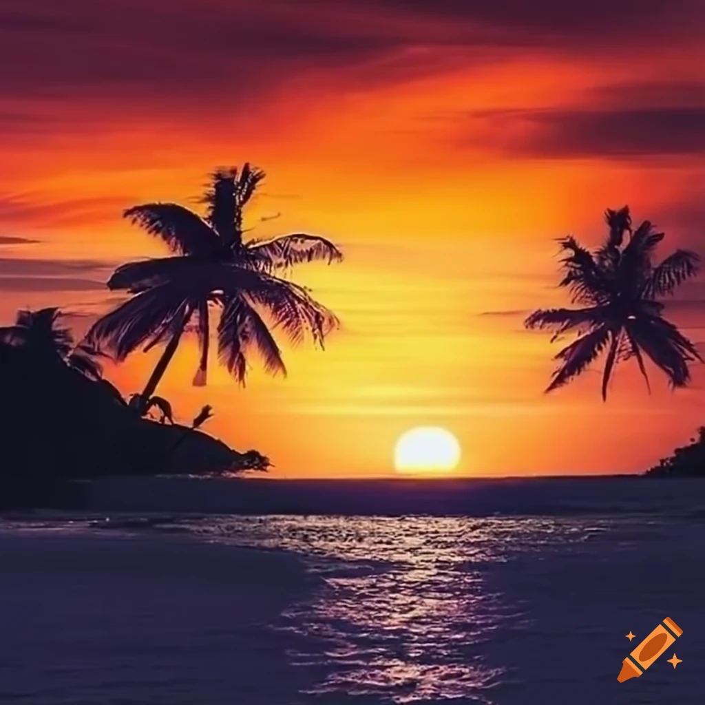 Sunset at a tropical coconut beach on Craiyon