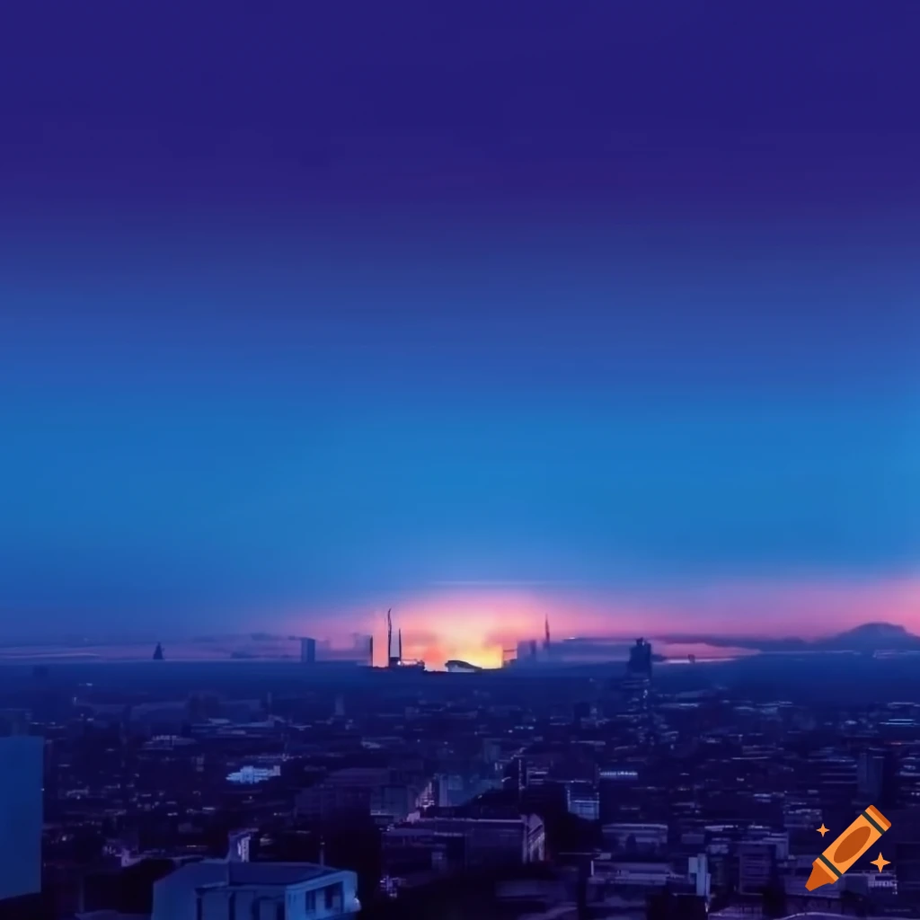 City skyline with the sky on fire in a 90s style