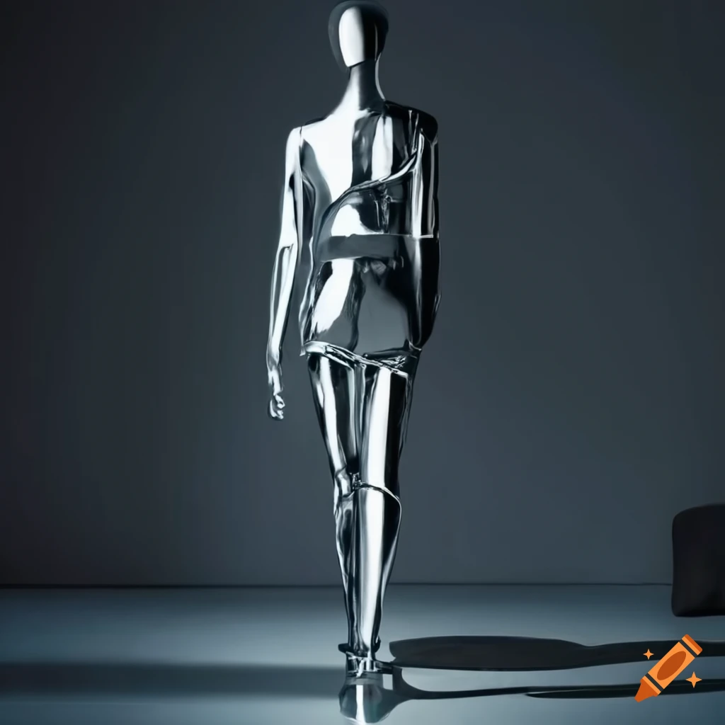 Chrome mannequin in a dark room wearing Maison Margiela