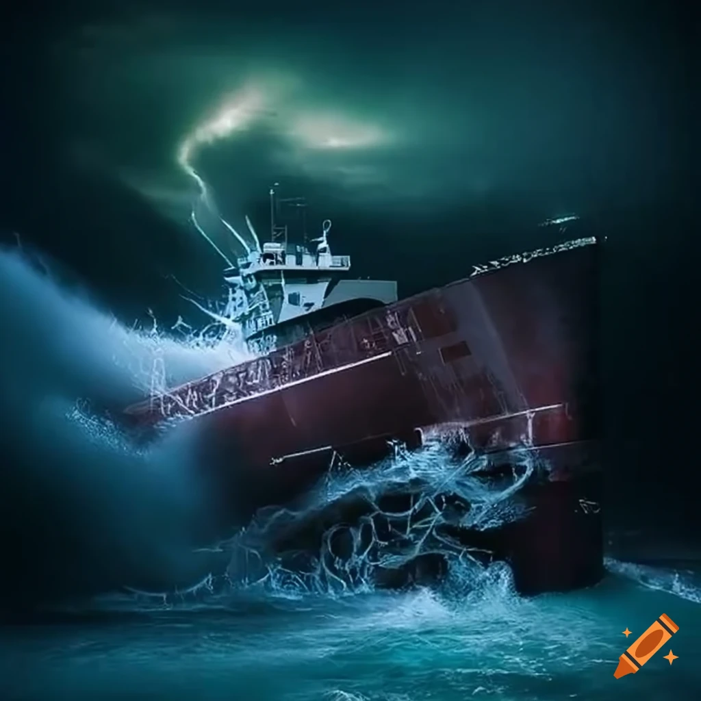 Cutter vessel braving a storm with high waves and splashing wash on Craiyon