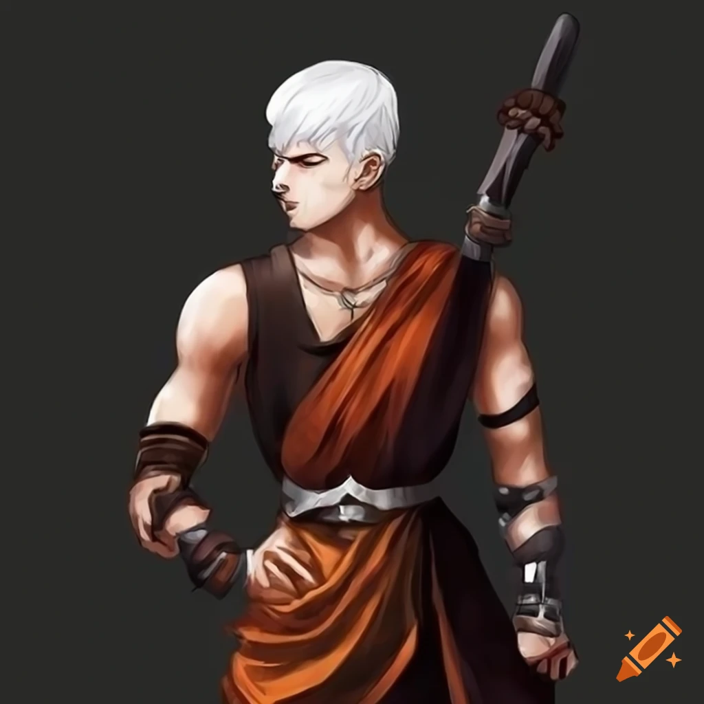 Male monk fighter with black and white short hair