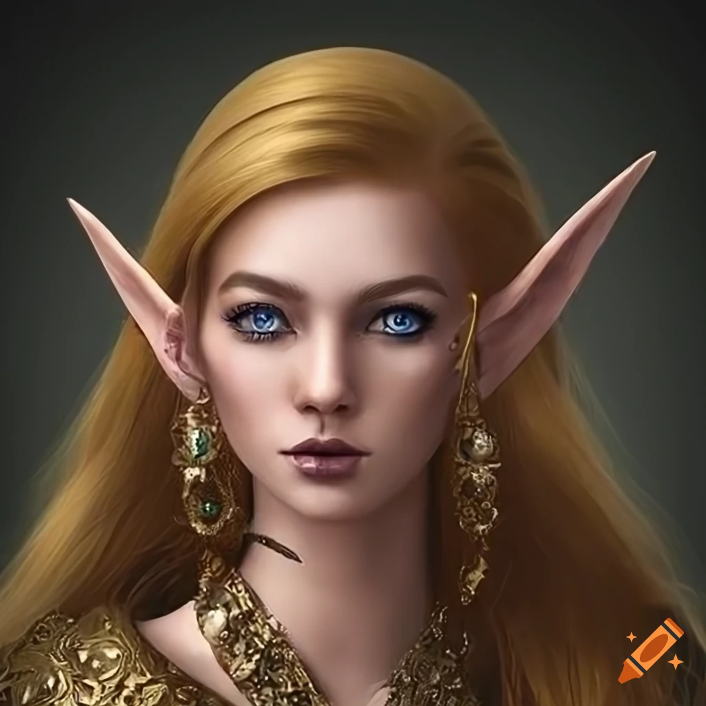 Pretty friendly elf with long golden hair and dark blue eyes in dark ...