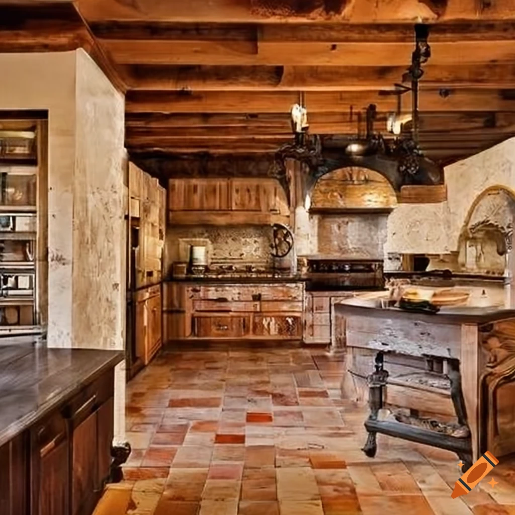 Rustic italian-style kitchen with banquet seating and brick flooring on