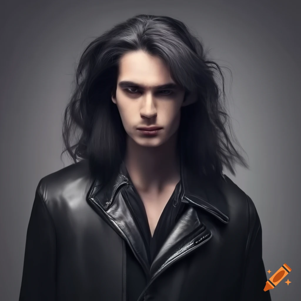 Handsome man with long dark hair and leather jacket on Craiyon