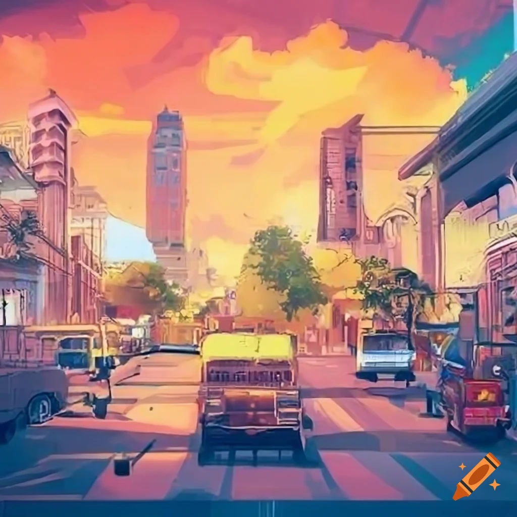 Anime-style vibrant cityscape inspired by Manila with iconic landmarks and bustling streets