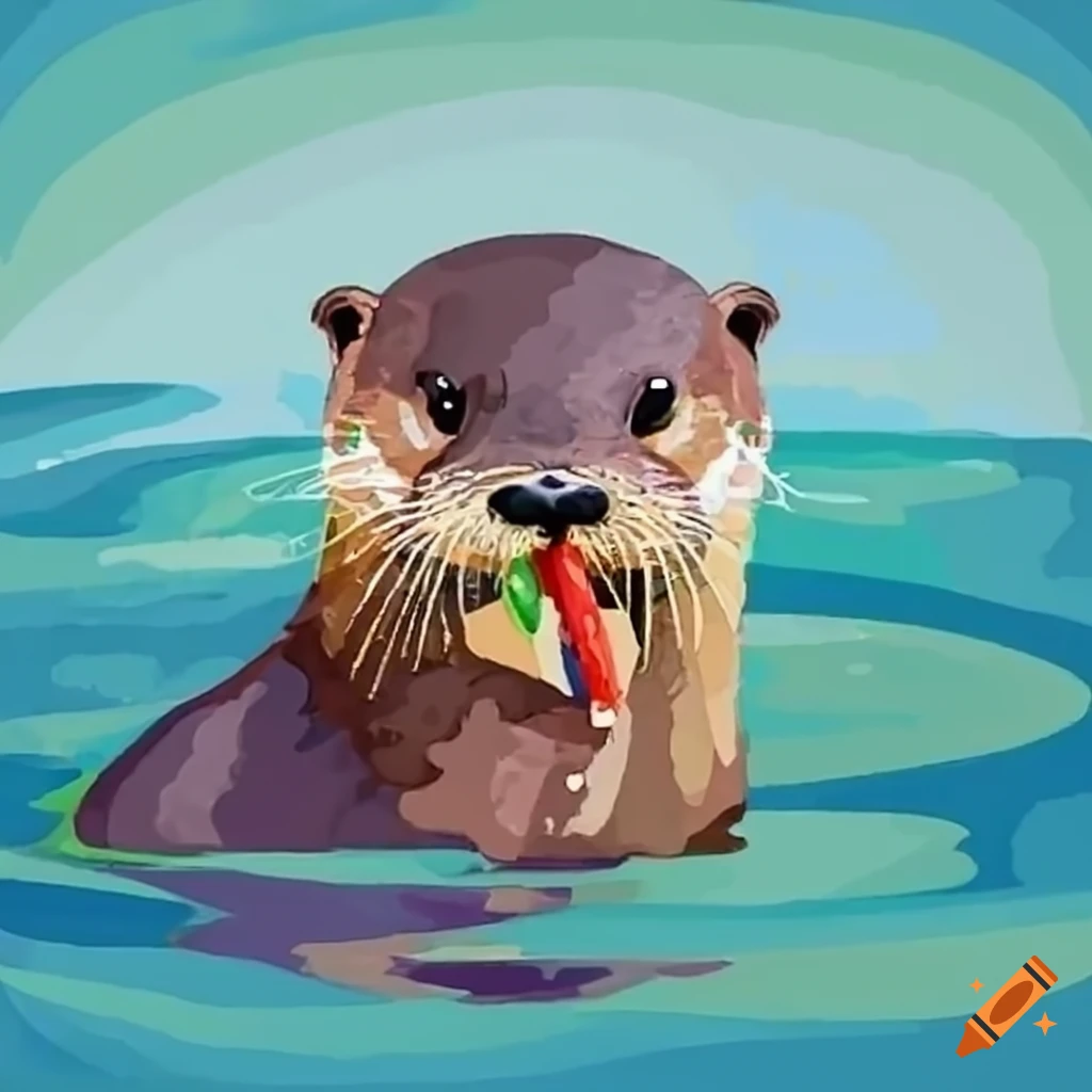 Otter enjoying colorful crayons by the lake