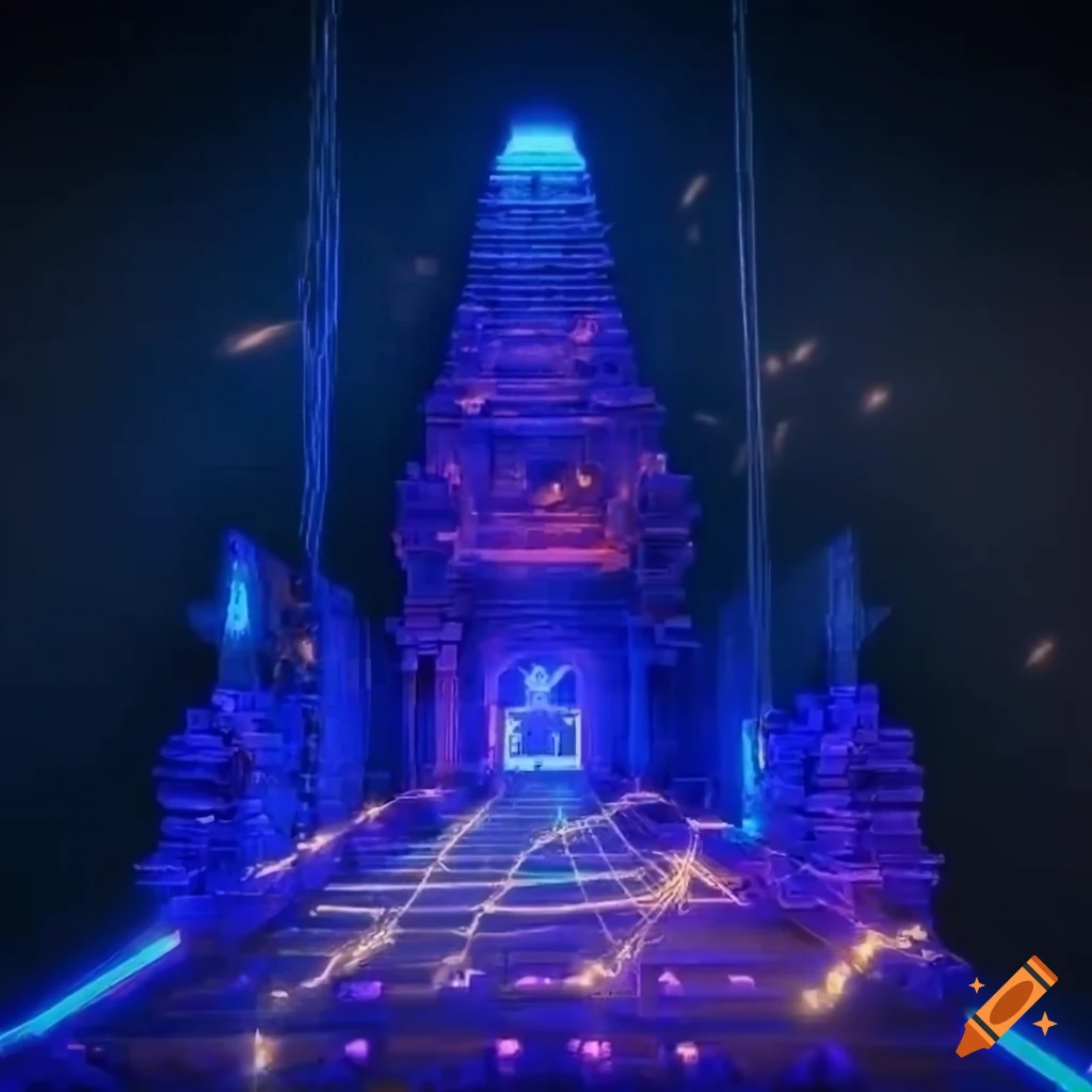 Scifi glowing temple with advanced technology and electrical sparks on