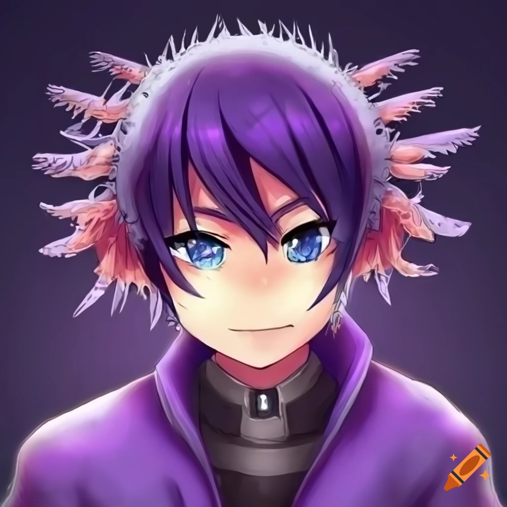 Epic anime axolotl boy with dark purple hair, gills, and blue eyes