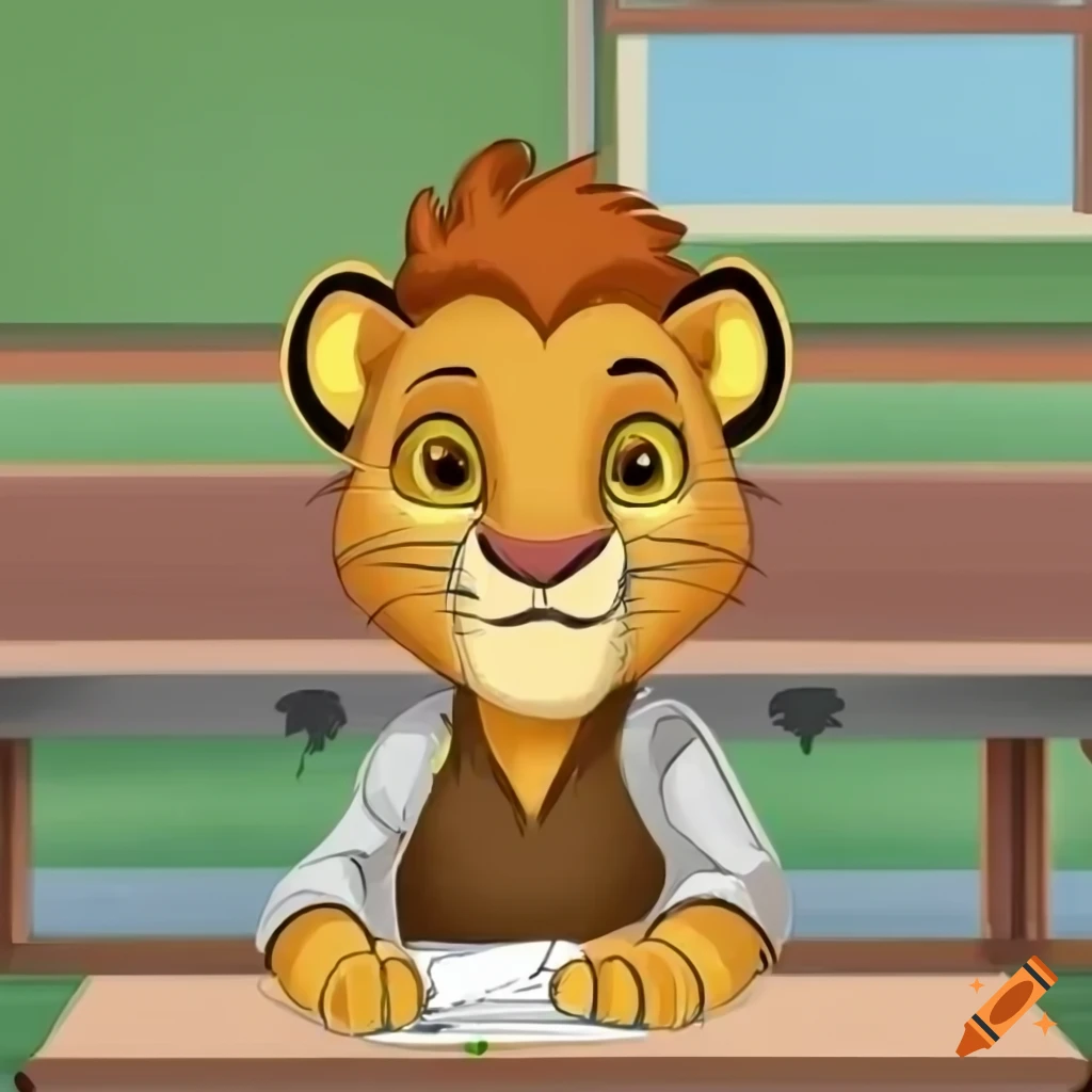 Cartoon lion cub Simba at a school desk
