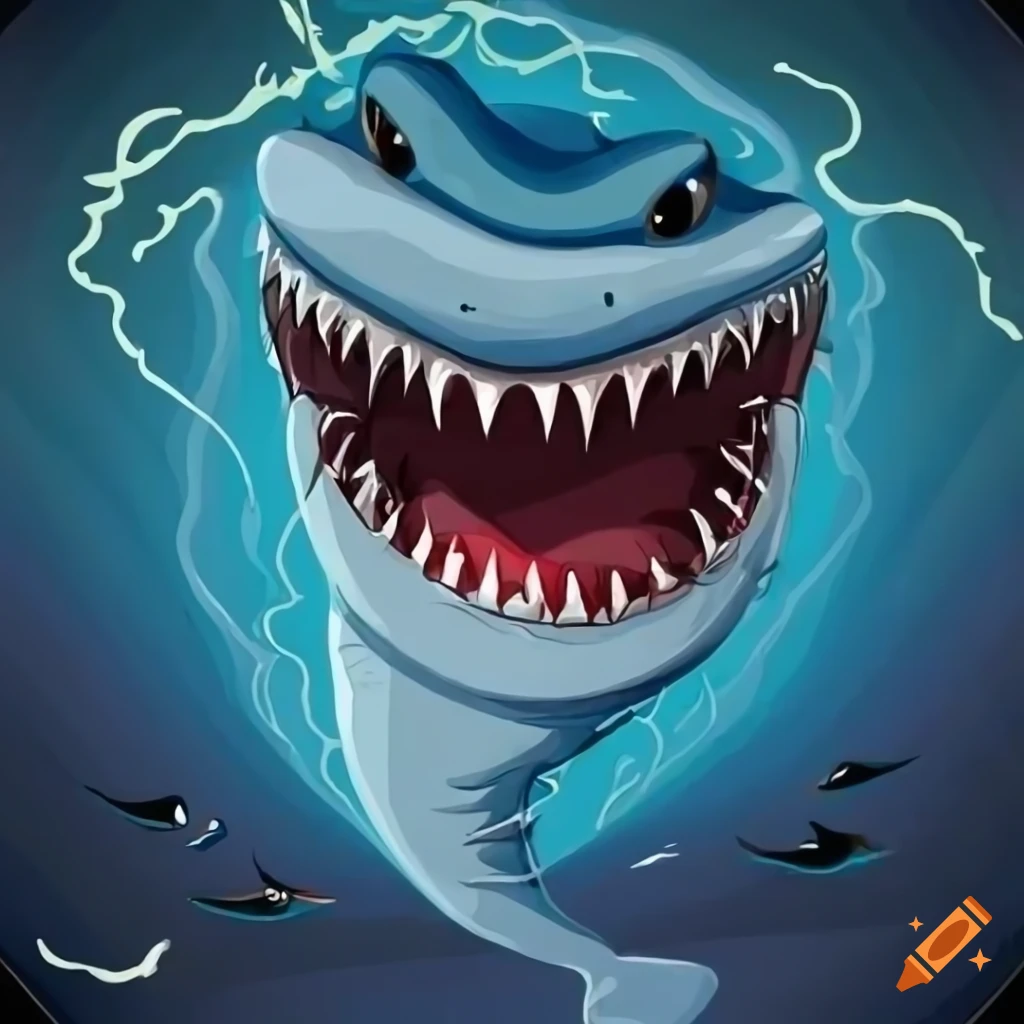 Cartoon style card with tornado filled with sharks