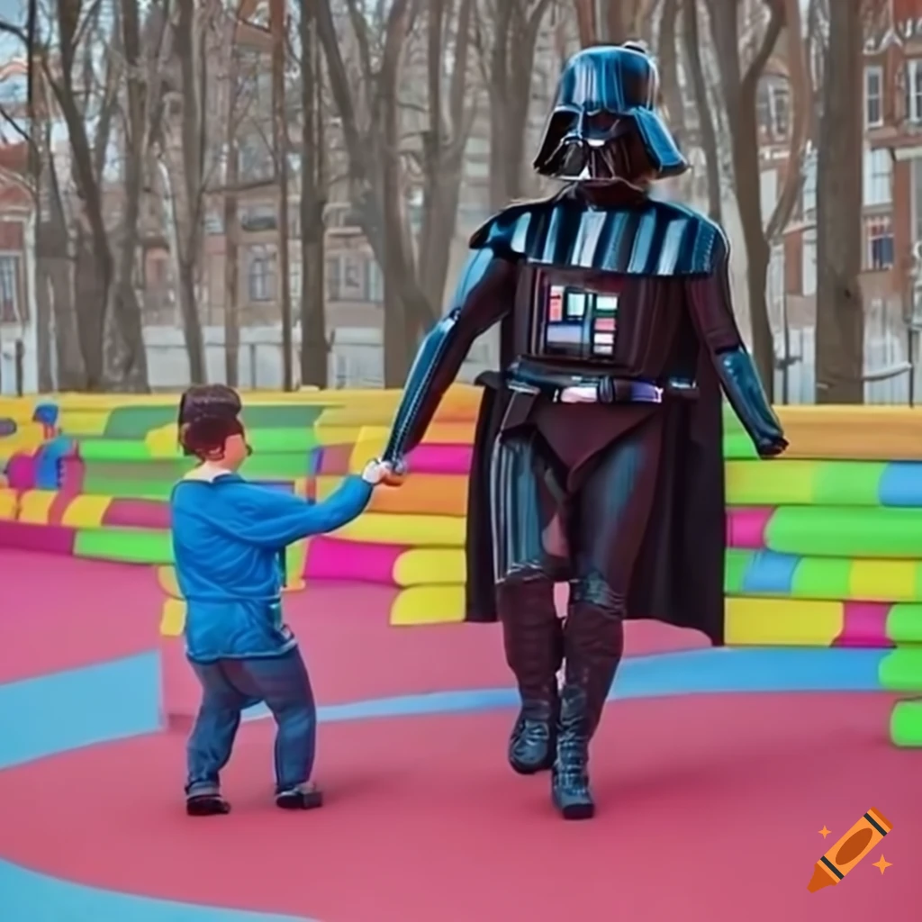 Darth Vader at a colorful playground with teddy bear police officers
