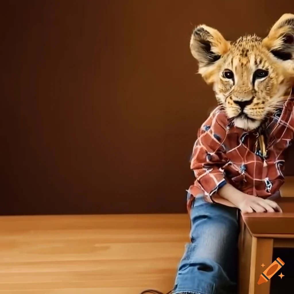 Anthropomorphic lion cub Kion in school classroom crying