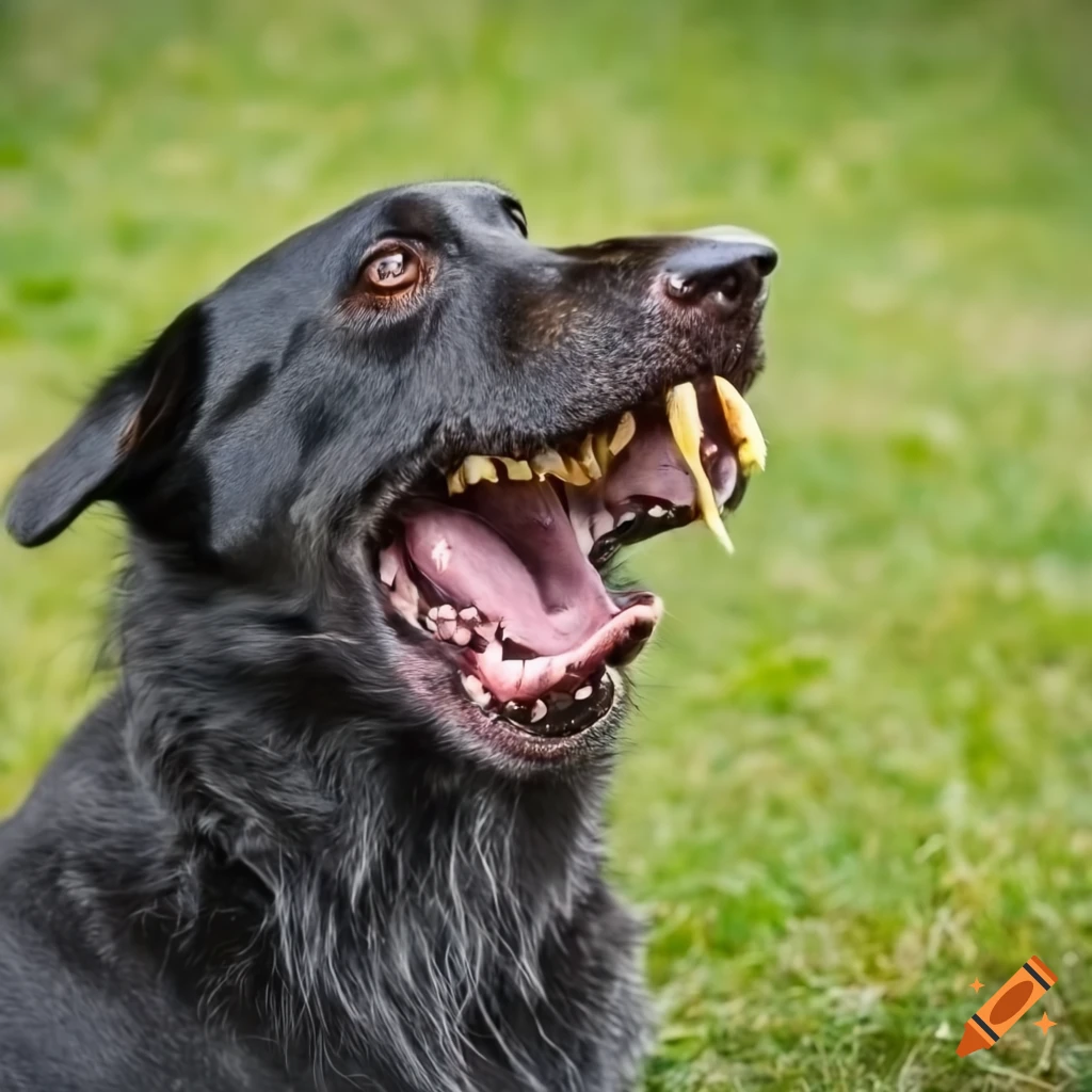Side profile of a black dog sitting in grass with mouth open