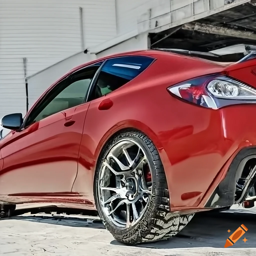 Modified genesis coupe with offroad suspension and mud tires on Craiyon