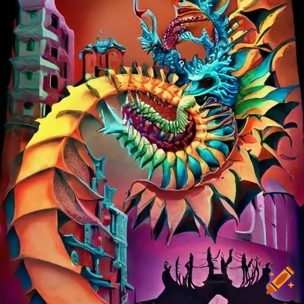 Dragon by m.c. escher with colorful design on Craiyon