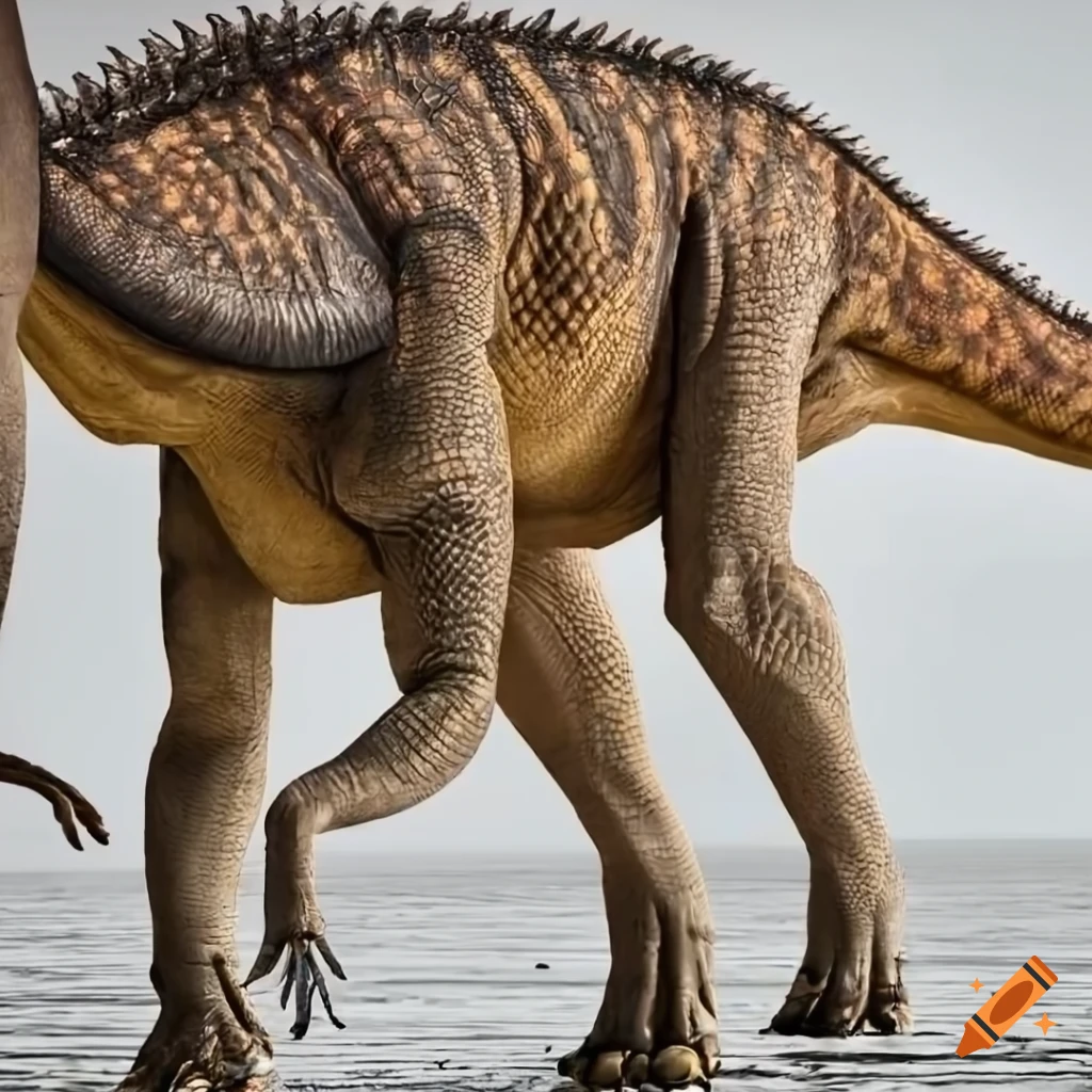 Colorful Hadrosaur dinosaur with intricate patterns and textured skin in warm morning light