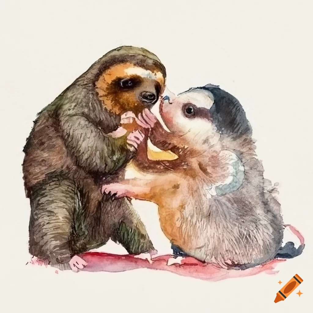 Watercolor painting of a sloth kissing an opossum