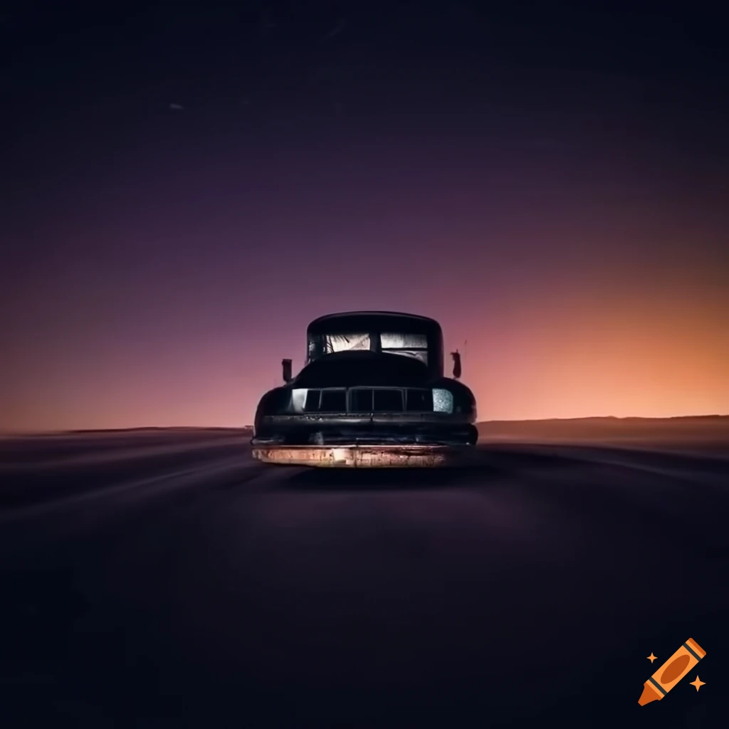 Classic pickup truck on a desert road at night with mysterious cliffs
