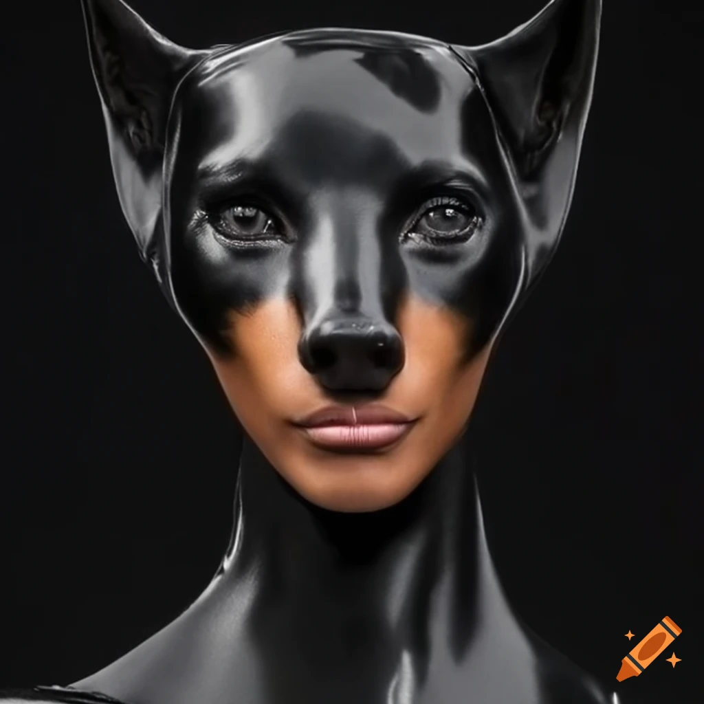 Kendall jenner with a doberman head in black latex on Craiyon