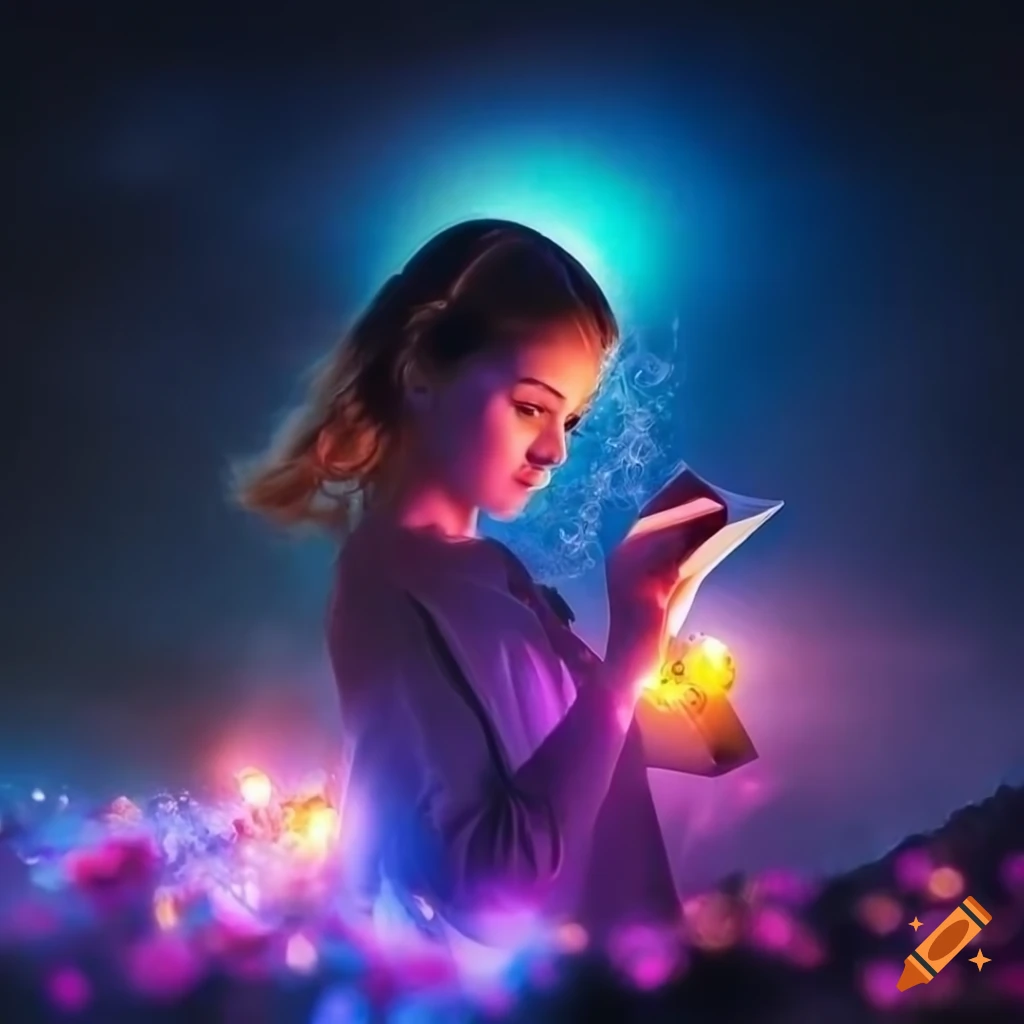 Woman reading enchanted treasure map amidst magical dreams and flickering lights