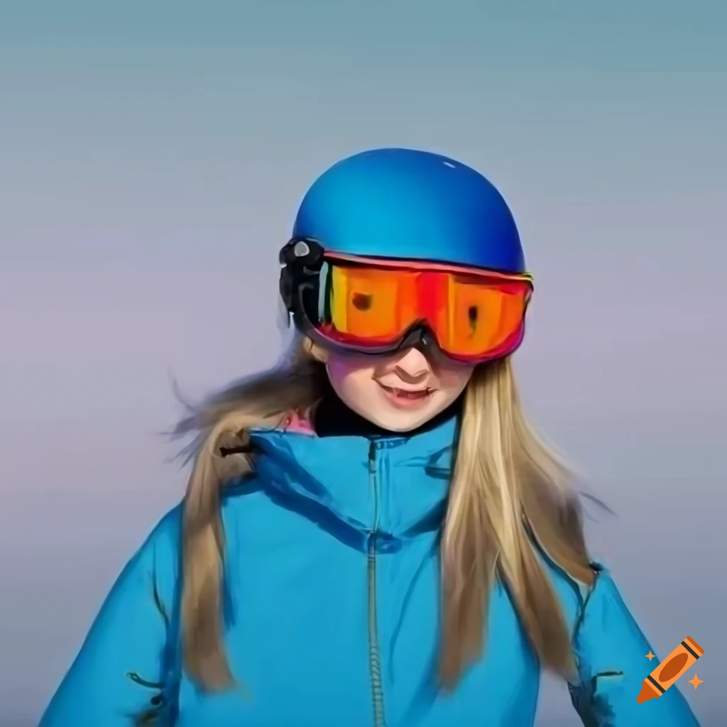Snowboarding girl with blonde hair in red helmet and blue jacket