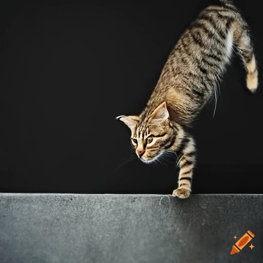 Tabby cat jumping down against a minimalistic background on Craiyon