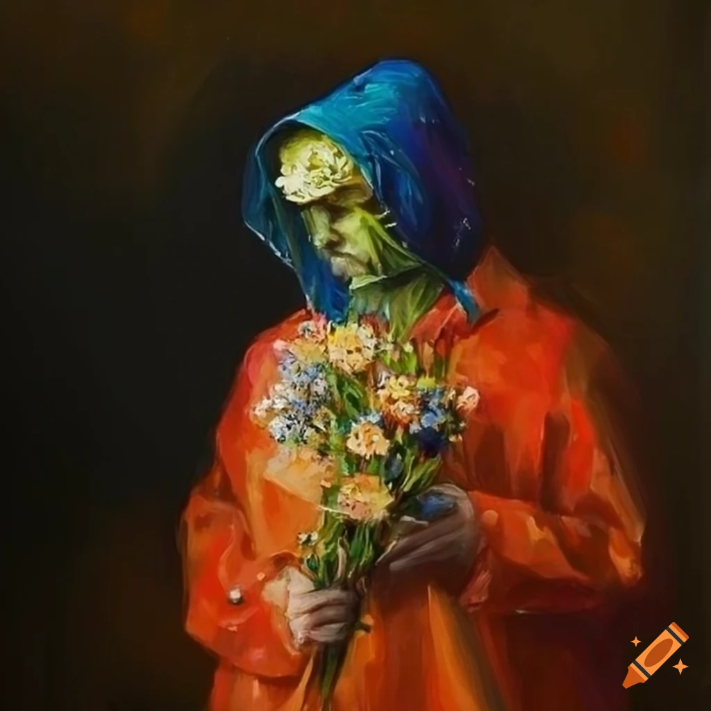 Colorful man in a raincoat holding a bouquet of flowers in an oil painting
