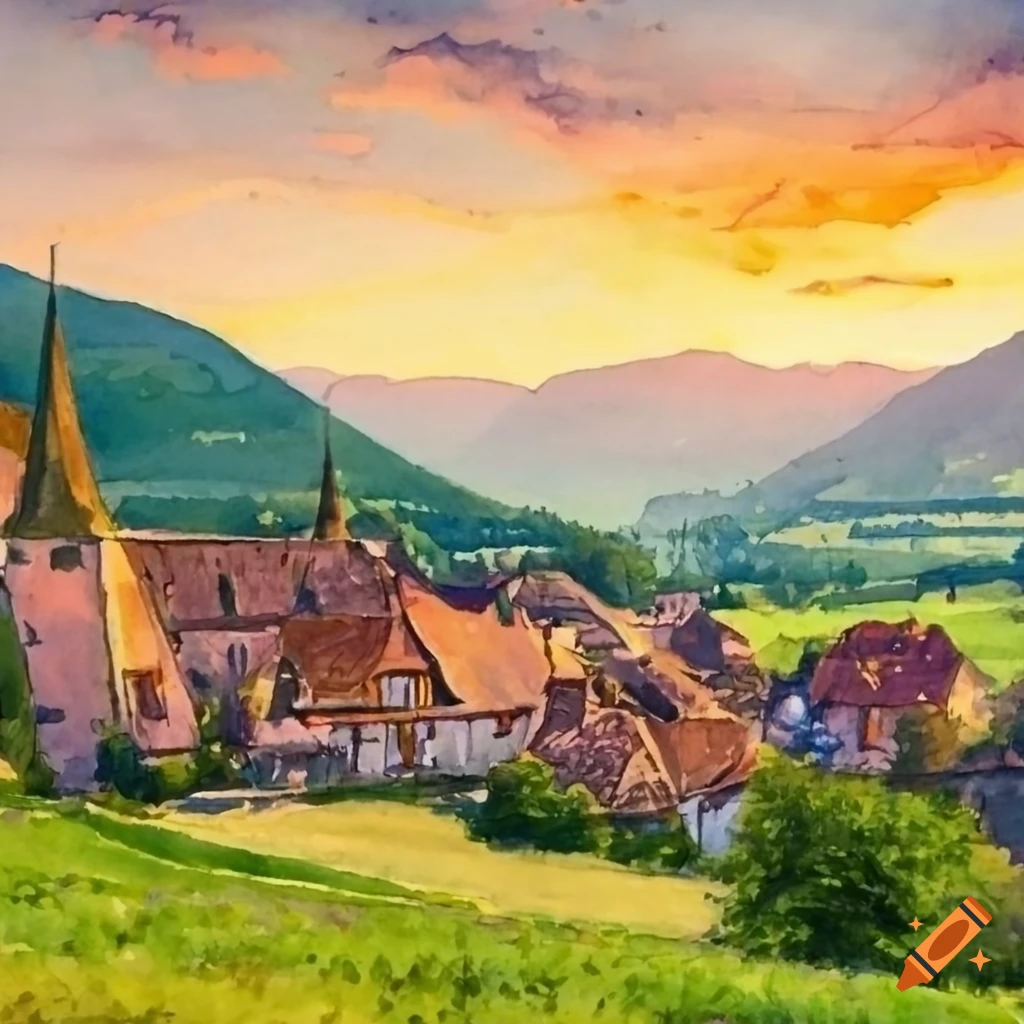 Watercolor painting of a small village in Alsace surrounded by ...