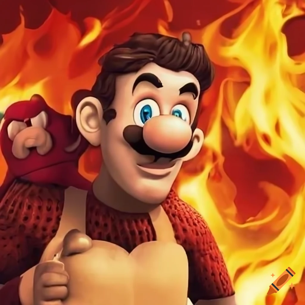 Mario scheming with flames in the background