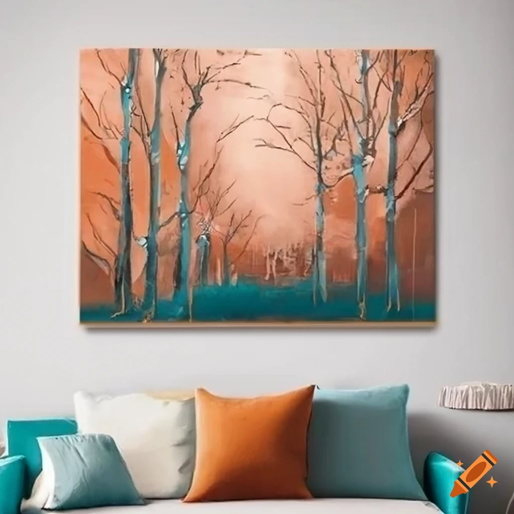 Winter landscape art in warm rich colors, mid-century wall painting on ...