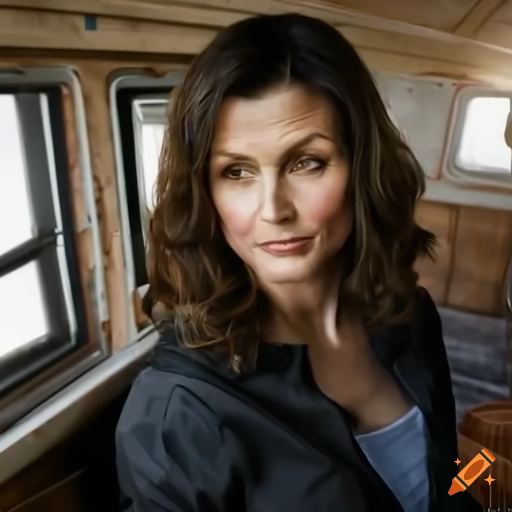 Young woman in plaid shirt and black leather trousers sitting in a caravan trailer