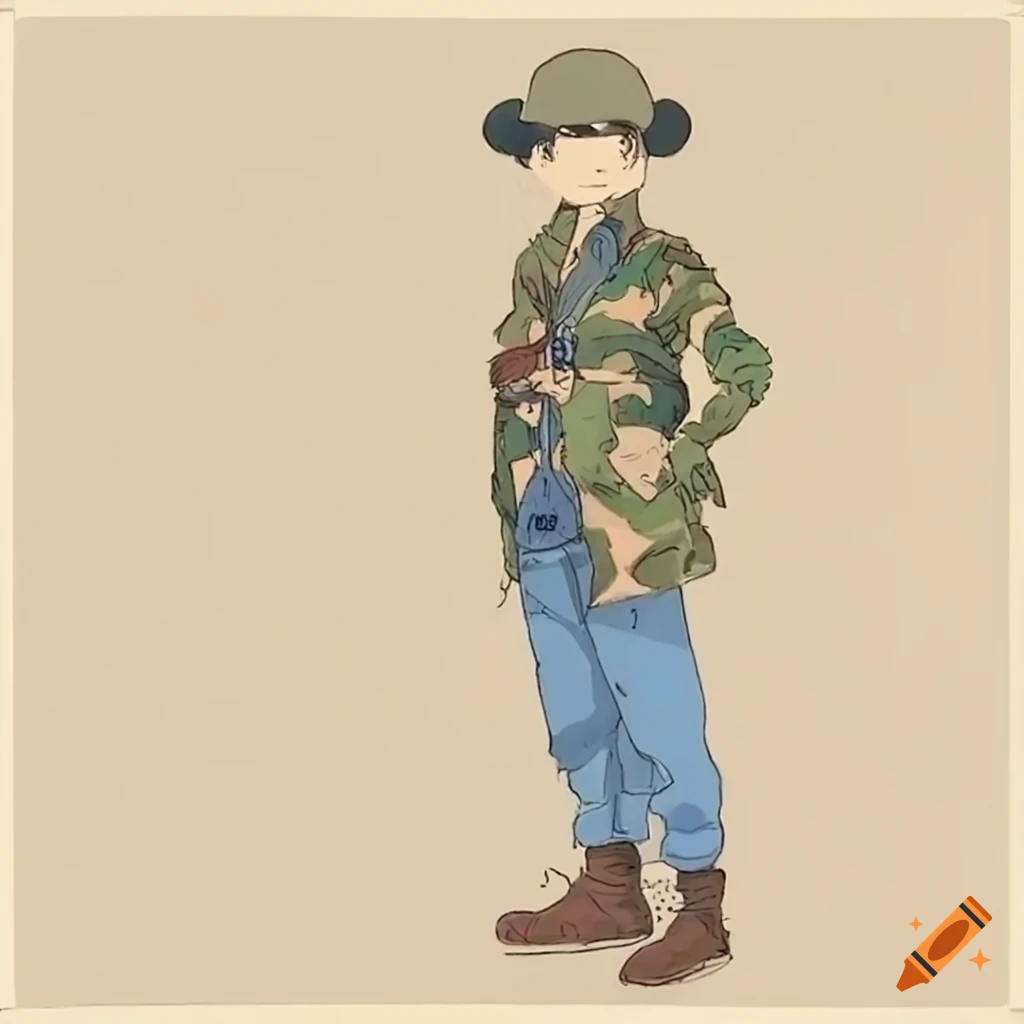 Technical drawing of a man in camouflage coat and blue jeans in Ghibli style