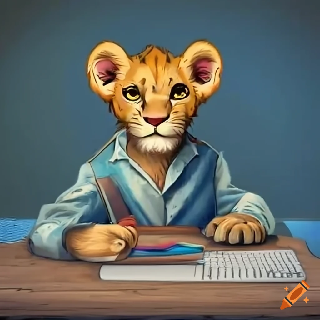 Lion cub Simba in school attire sitting at a classroom desk