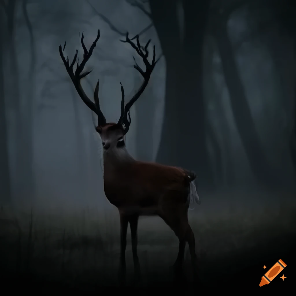 Four eyed deer in a foggy and dark field