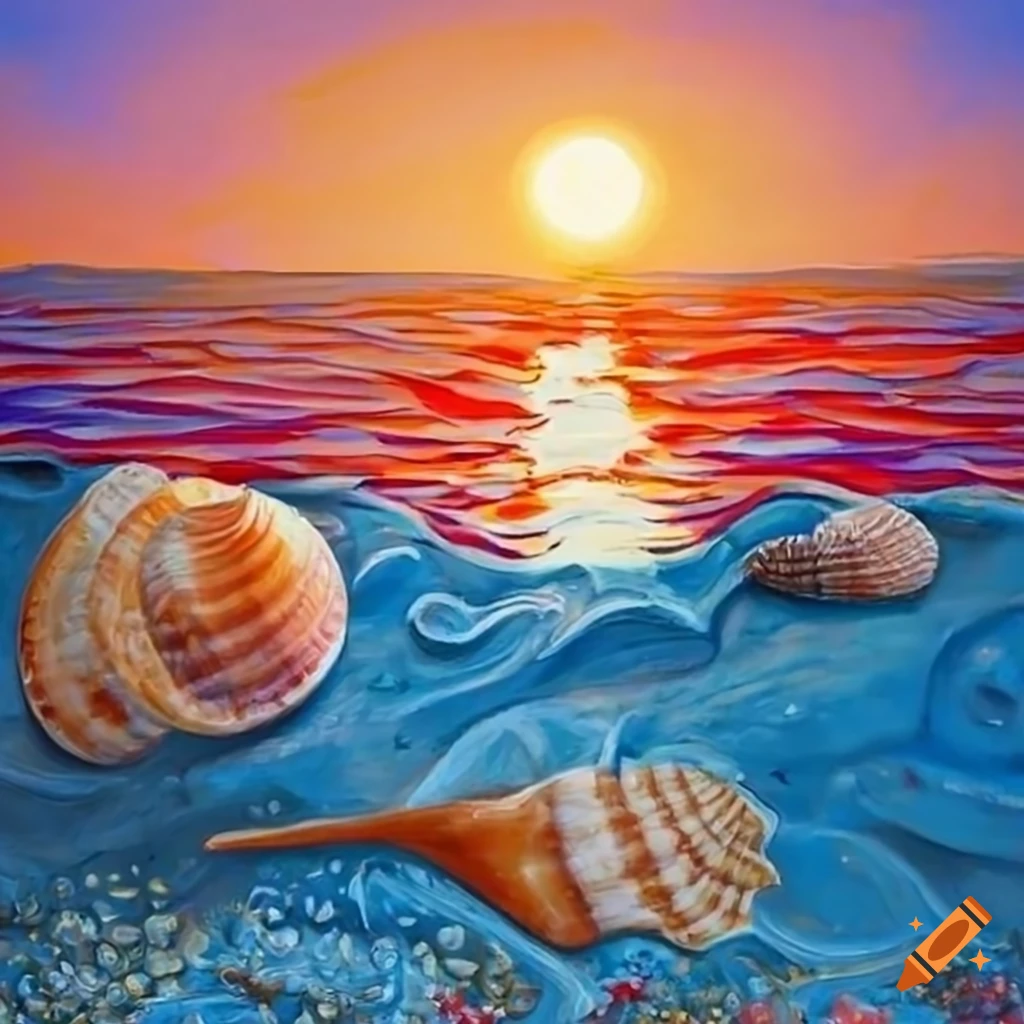 Detailed painting of seashells on a vibrant sunset seashore