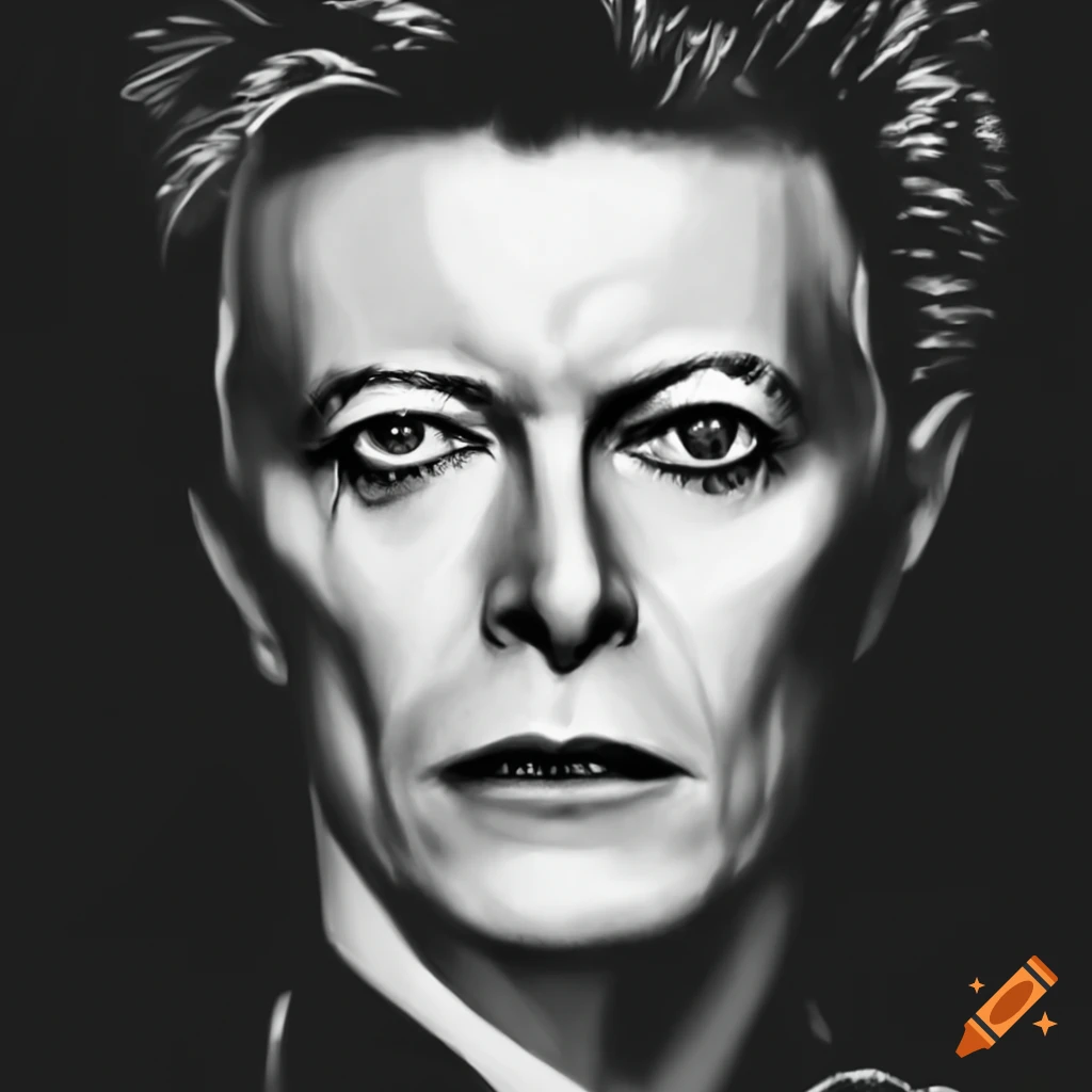 Graphic art of a young David Bowie in iconic black and white attire
