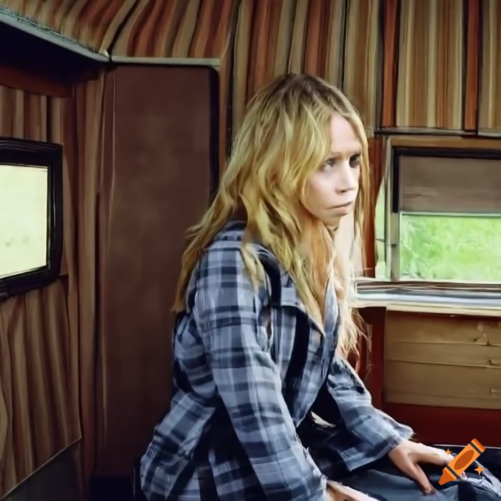 Actress in country plaid shirt and high-waist black leather trousers sitting in a caravan trailer
