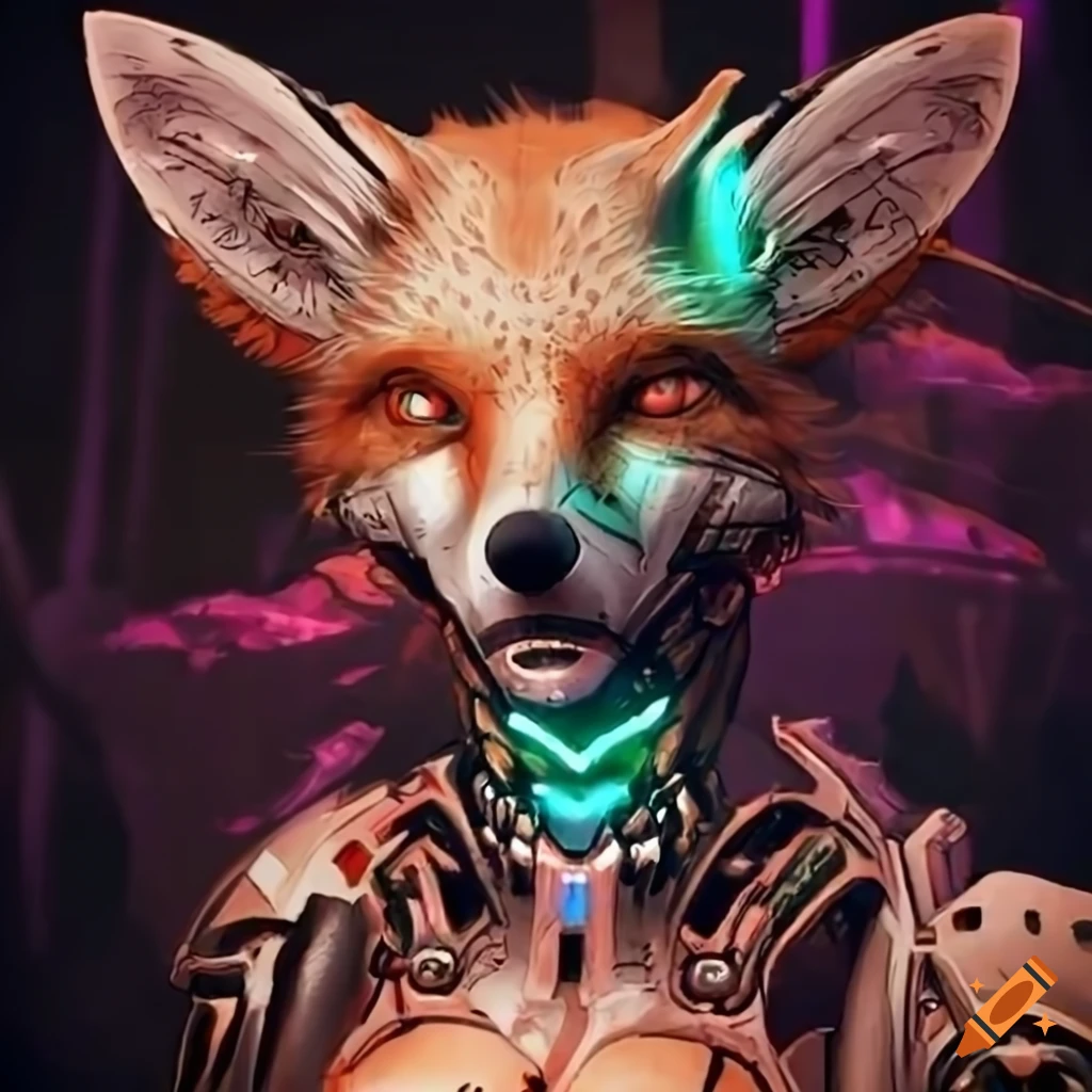 Biopunk cyborg fox in a forest on Craiyon