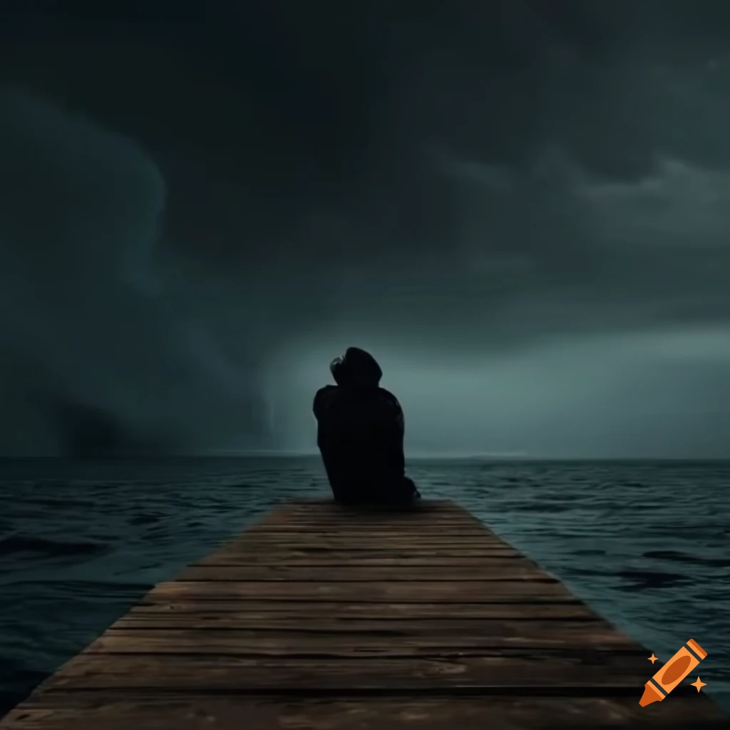 Melancholy person sitting on a dock with a storm approaching, Cthulhu in the distance
