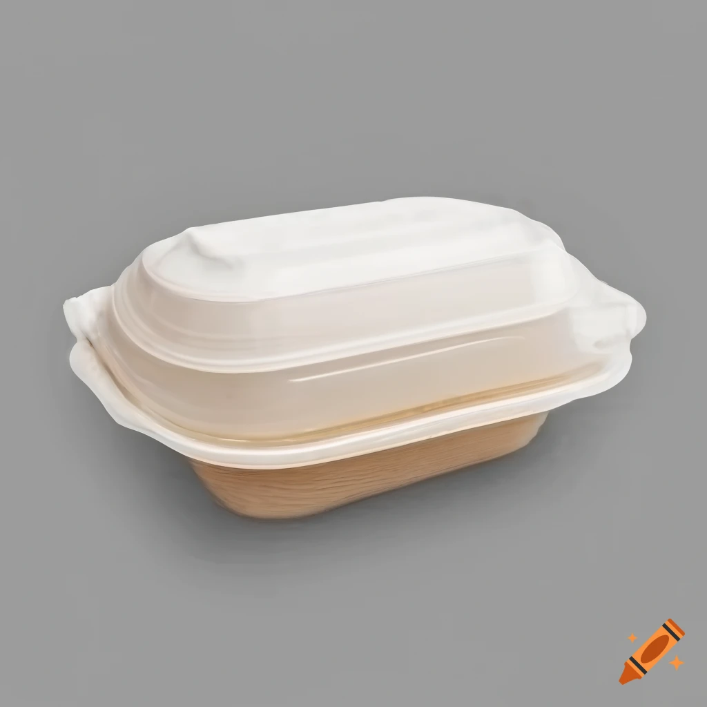 Bagasse clam shell container with lids on a grey radiant background