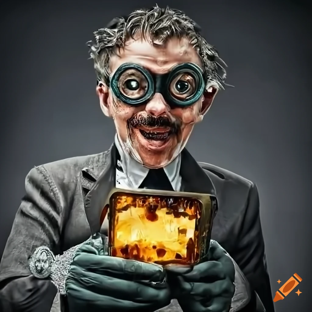 Eccentric scientist in laboratory with exotic metal cube