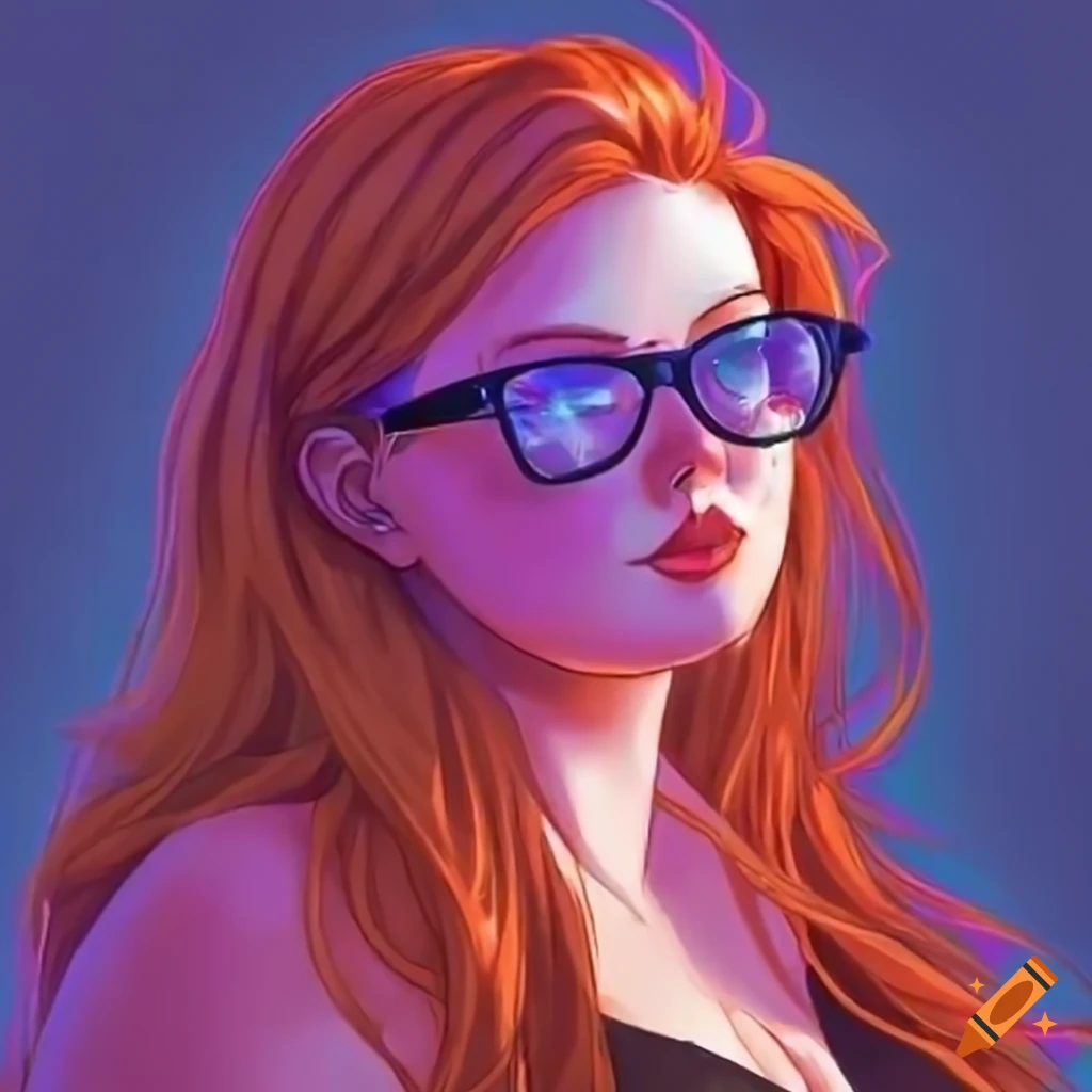 Chillwave redhead anime character with glasses and freckles