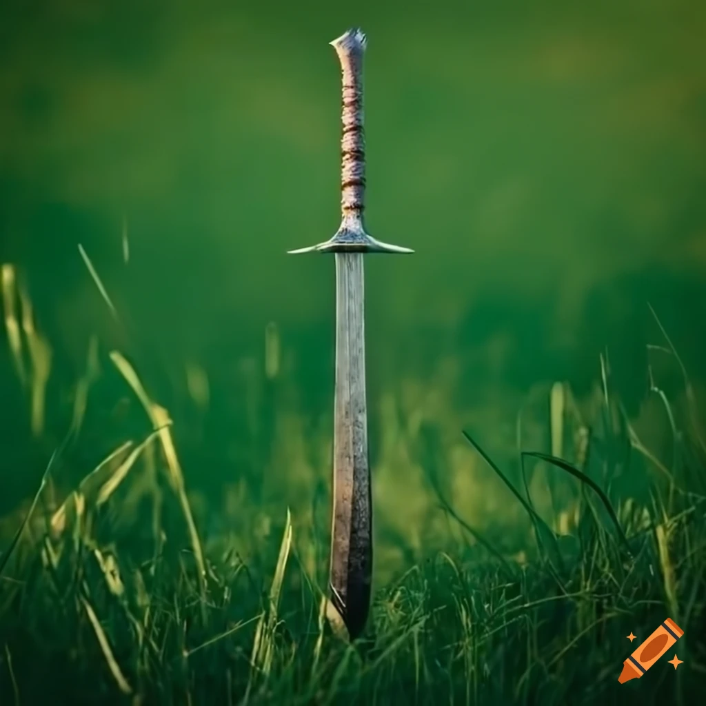 Sword blade planted in grass field on Craiyon