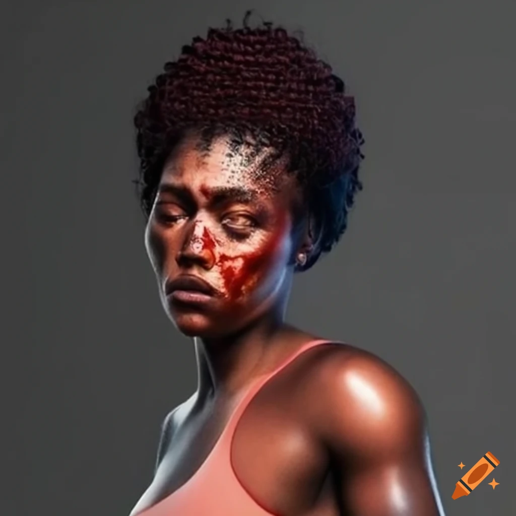 Bruised female fighter with a dizzy expression