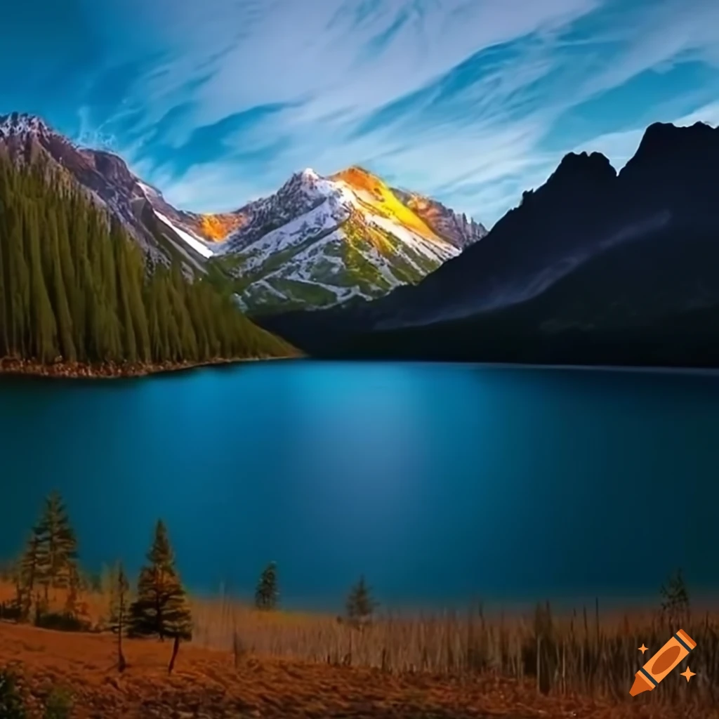 Mountain lake at sunset on Craiyon
