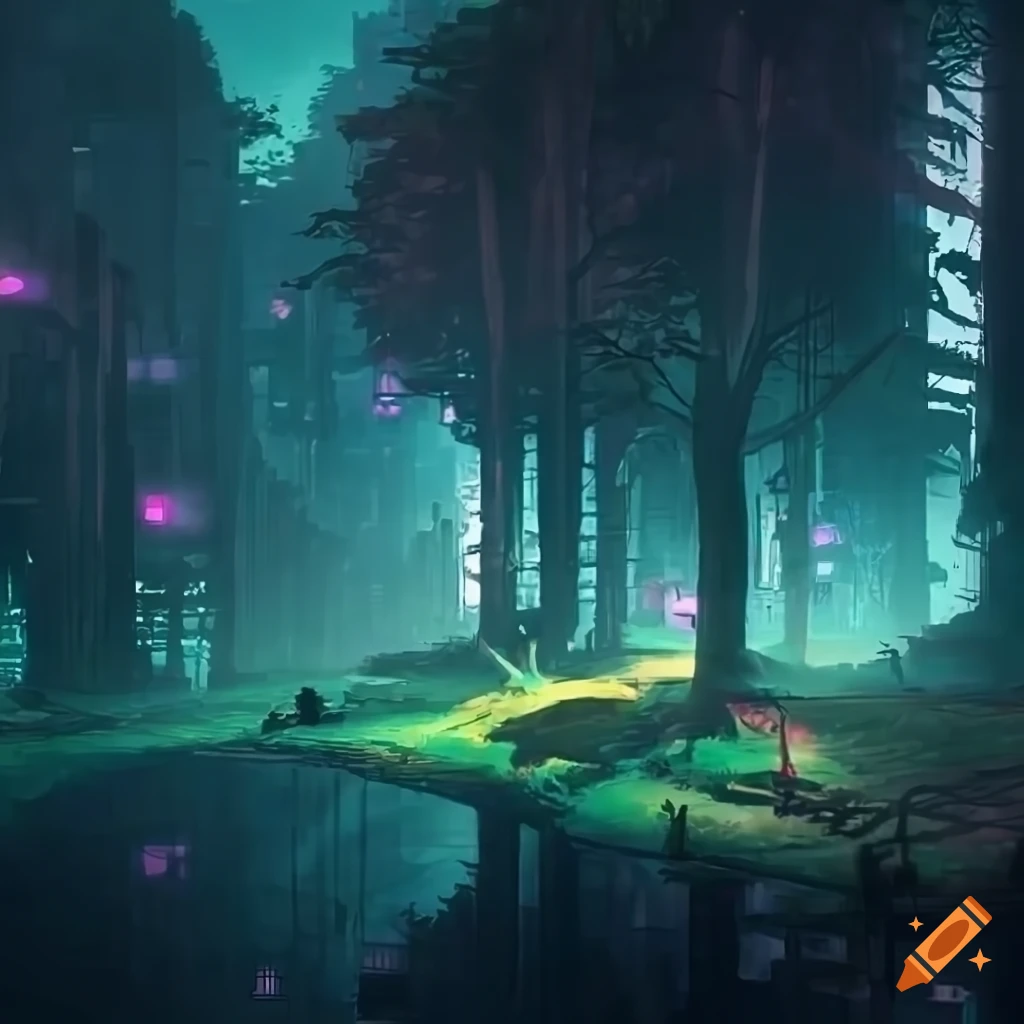 Dystopian cyberpunk tree farm forest on Craiyon