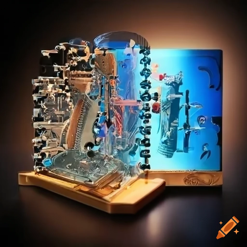 Surreal puzzle machine with glass, copper, plastic, and graphic numbers ...