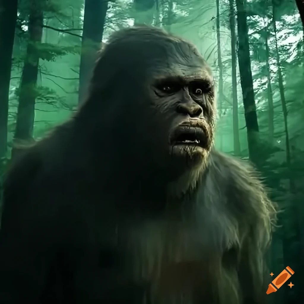 Mysterious bigfoot in a forest surrounded by towering trees and rocky outcroppings