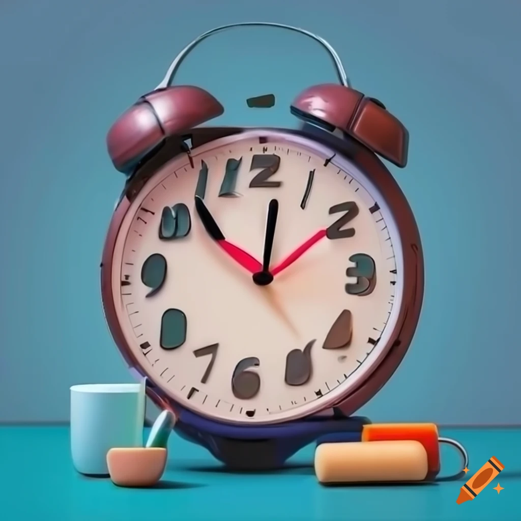 Clock with various products instead of numbers on a blue background on